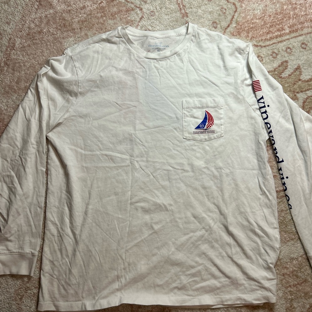 Vineyard Vines White Long-Sleeve Pocket Tee with Red & Blue Boat Graphic